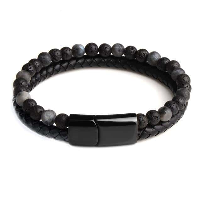Anti-Stress-Armband  Leder, Schwarzer Obsidian Und Lavastein