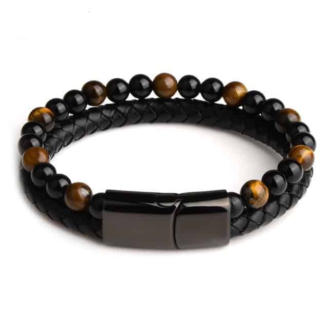 Anti-Stress-Armband  Leder, Schwarzer Obsidian Und Tigerauge